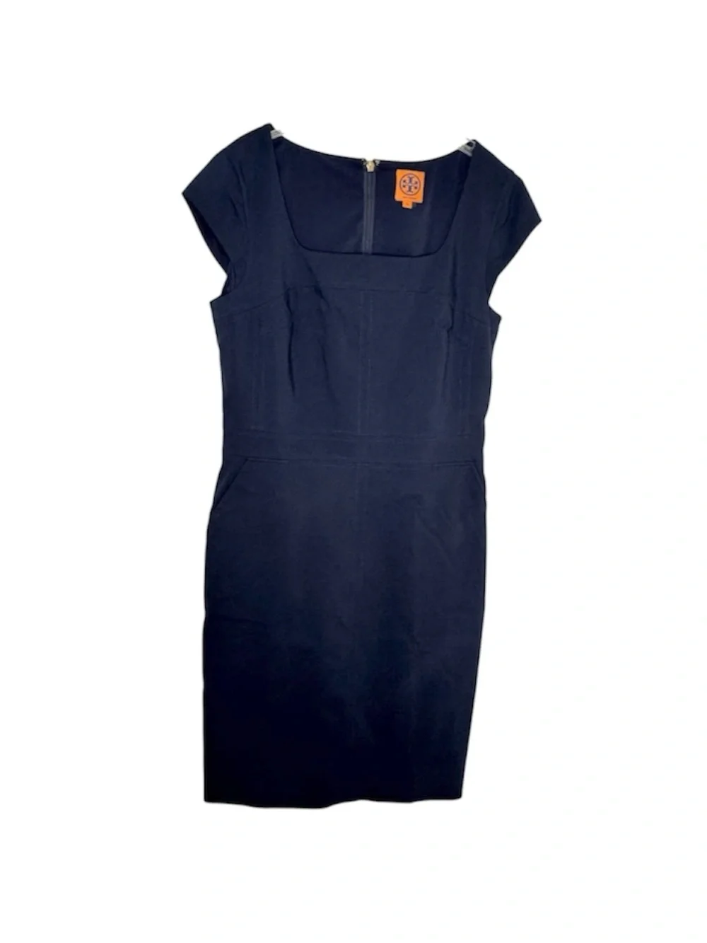Tory Burch Short Sleeve Square Neck Blue Navy Cotton Sheath Dress Size 10